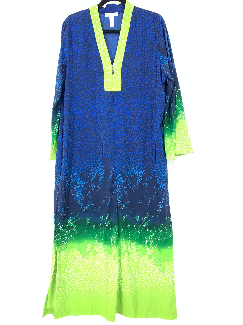 Oscar de la Renta Caftan Dress Womens XL Blue Green Ombre Maxi Tunic Resort